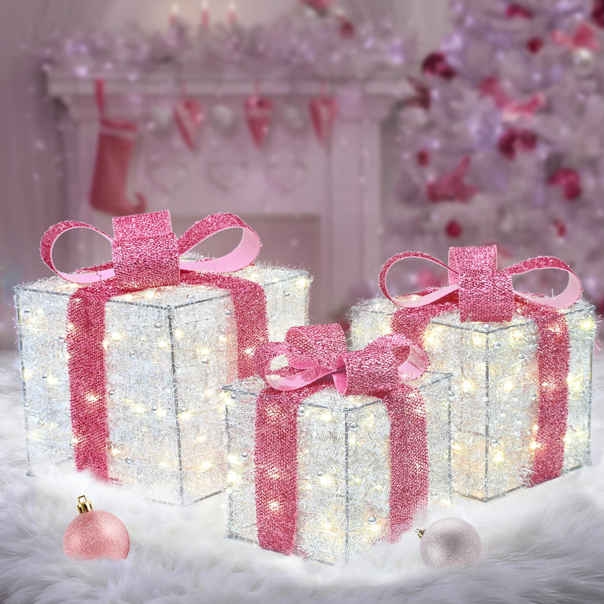 Set of 3 Blue Lighted Boxes, Silver Bows, Christmas Decor Indoor/Outdoor