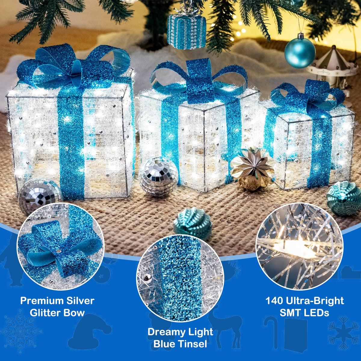Set of 3 Blue Lighted Boxes, Silver Bows, Christmas Decor Indoor/Outdoor