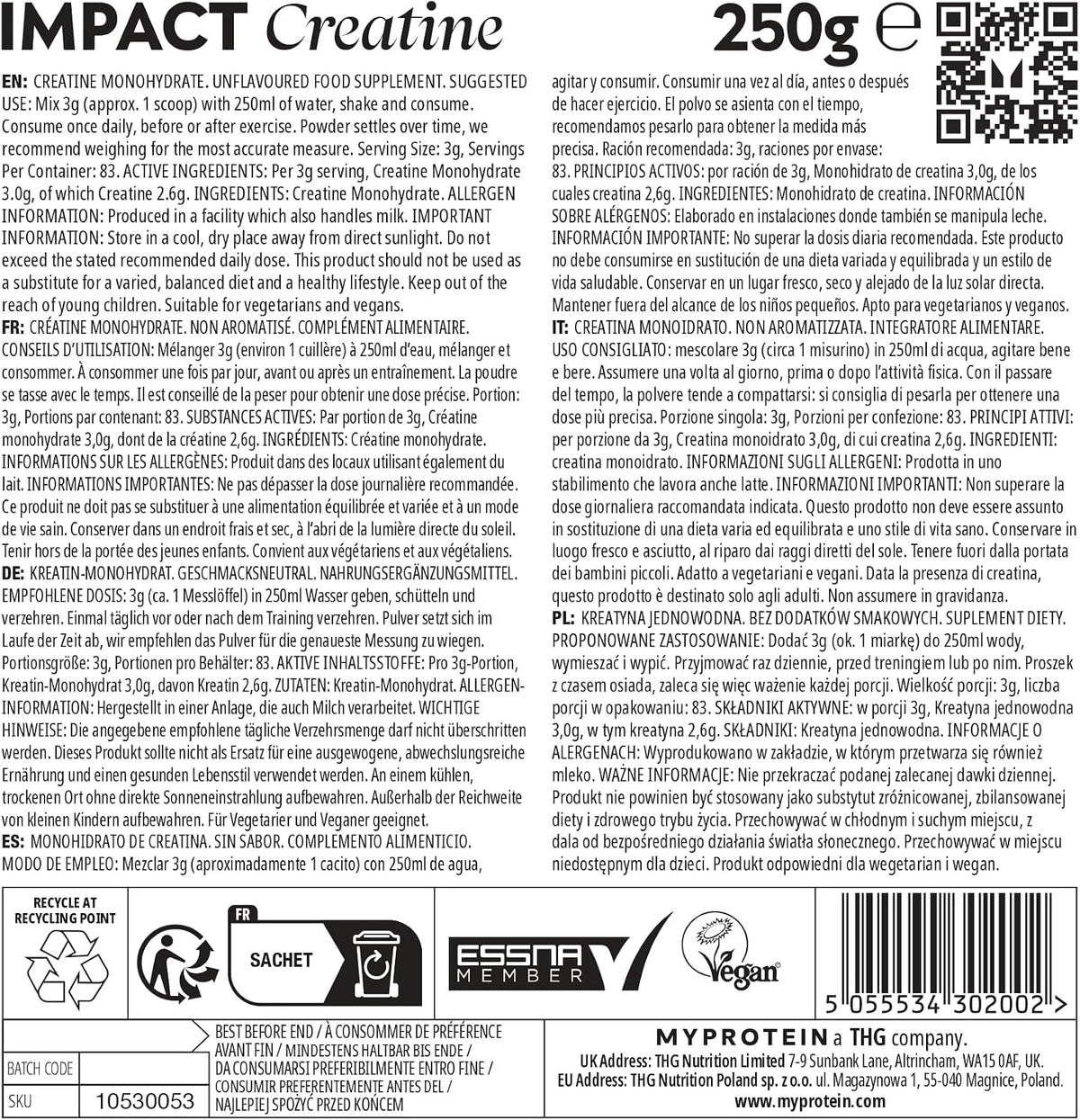 Myprotein Impact Creatine Monohydrate Powder | 250 g | Micronised Creatine for Strength, Power & Muscle Growth | 3 g Per Serving | Supports High-Intensity Training & Recovery | Unflavoured