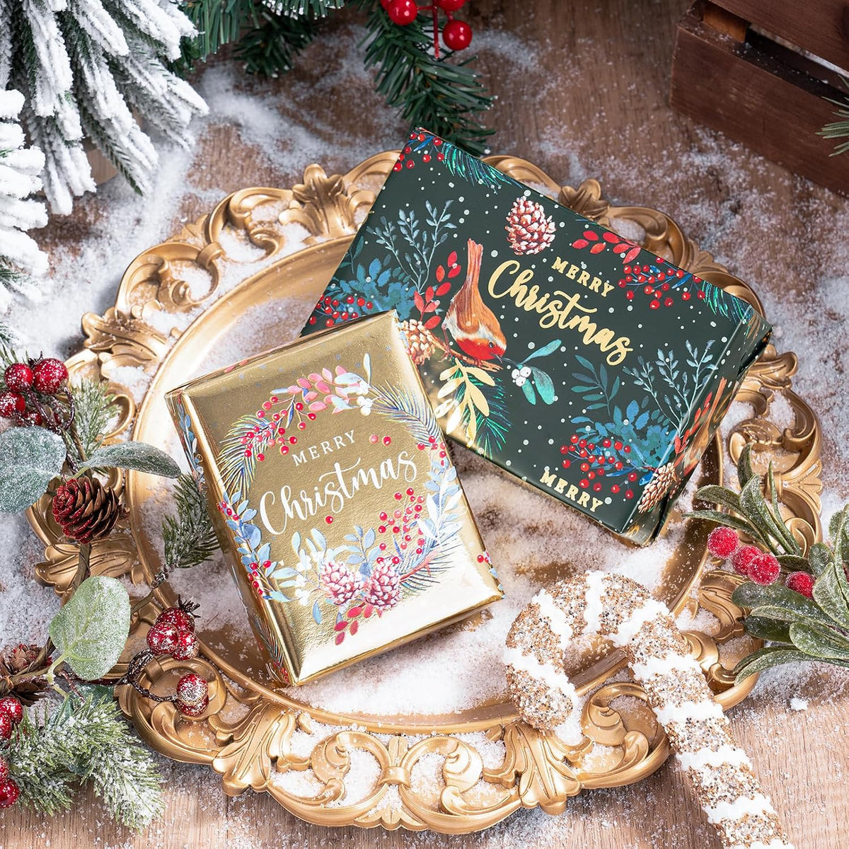 RUSPEPA Christmas Wrapping Paper Roll - Mini Roll - 3 Rolls - 43.2cm x 3m Per Roll - Bird, Christmas Garland, Holly and Pinecones Holiday Design with Metallic Foil Shine