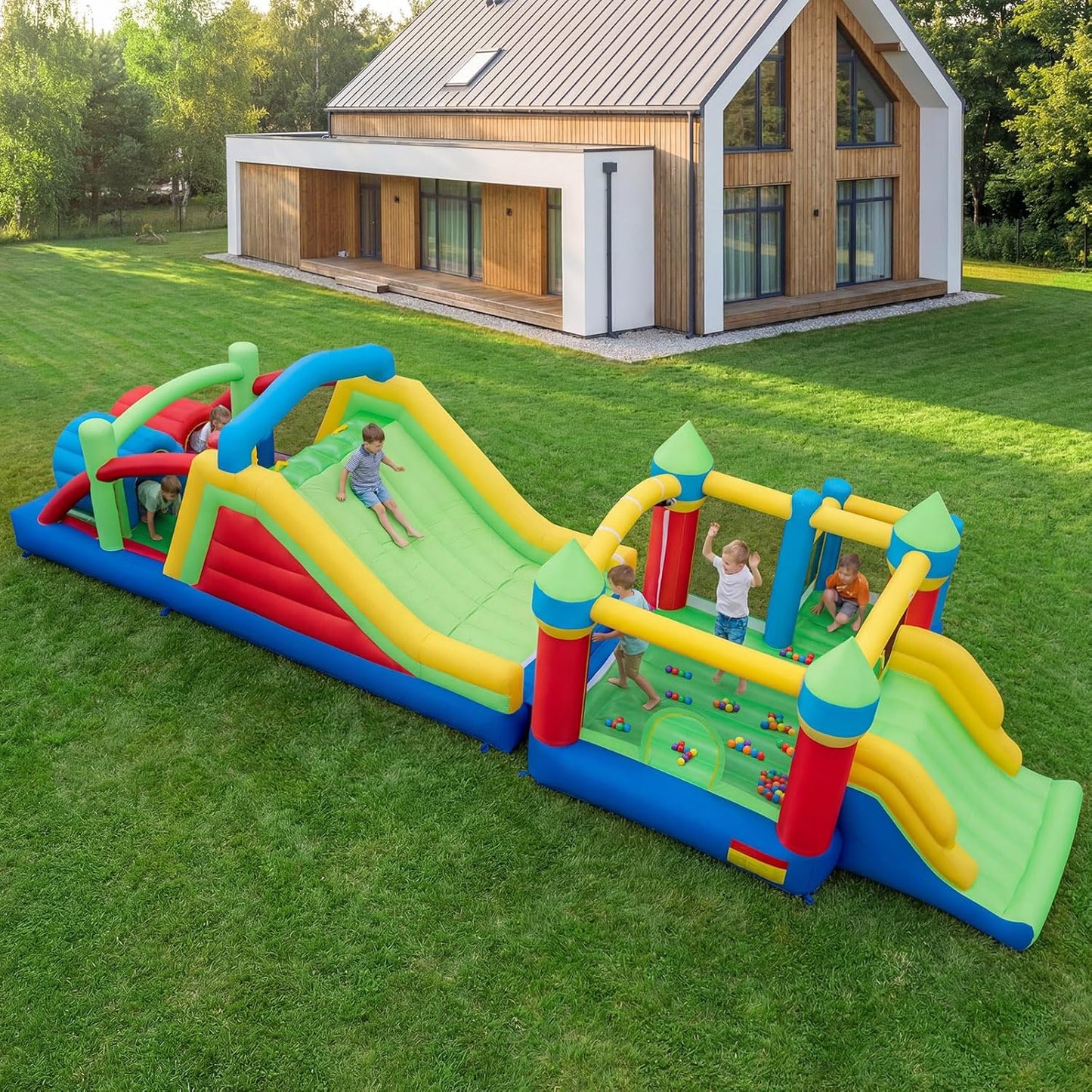 COSTWAY Giant 2-Part Inflatable Bounce House with Obstacle Course, Dual Slides & Tunnels — 940cm | Ages 3-12