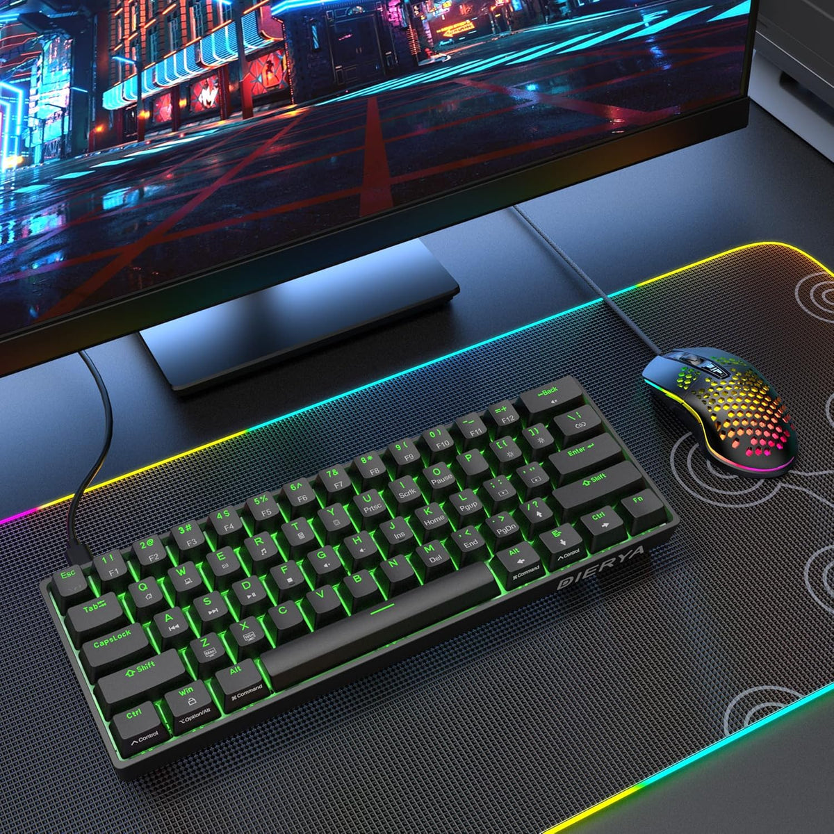 Dierya DK61SE 60% Gaming Keyboard, Wired, US QWERTY, Brown Switches, Black