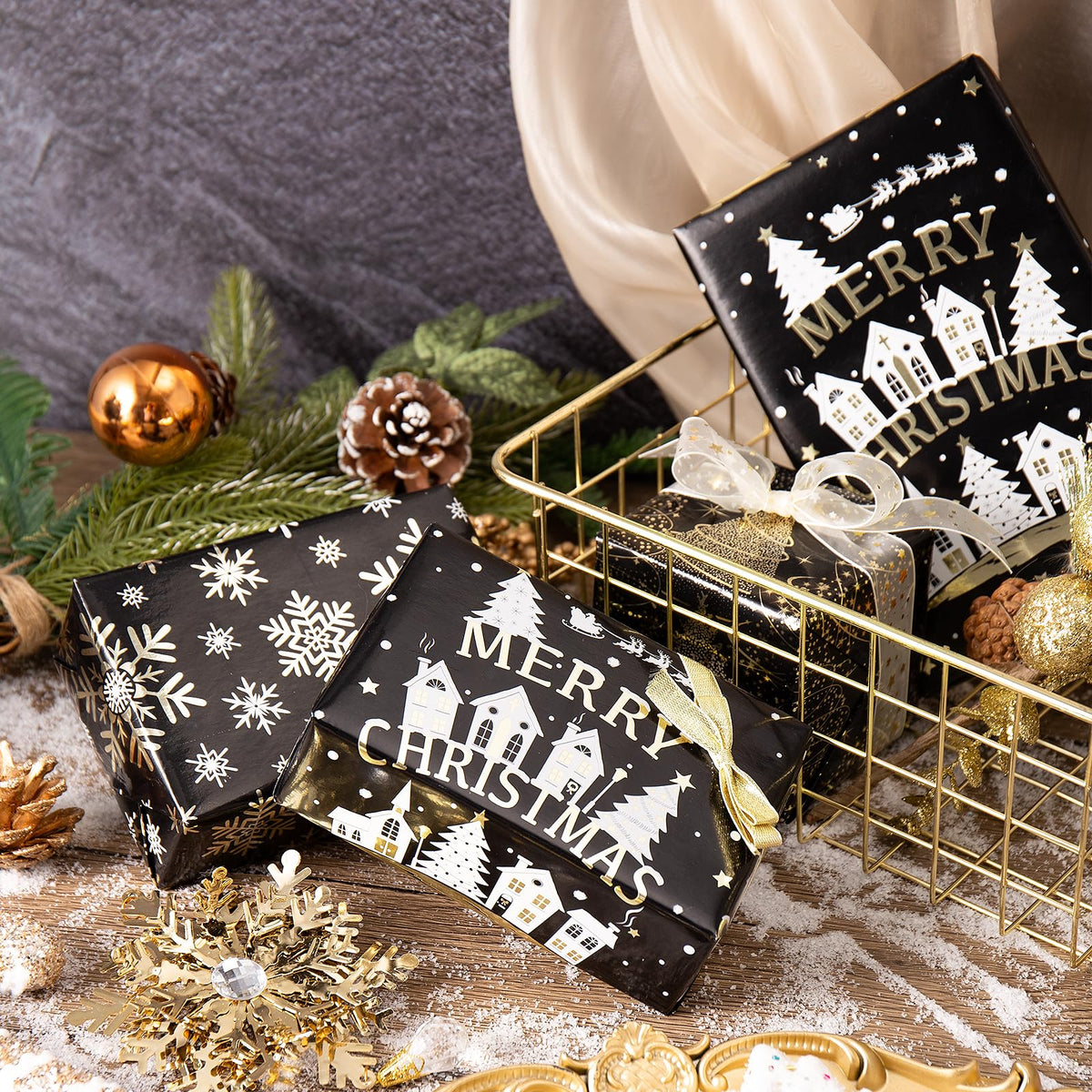 RUSPEPA Christmas Wrapping Paper Roll - Mini Roll - 3 Rolls - 43.2cm x 3m Per Roll - Bird, Christmas Garland, Holly and Pinecones Holiday Design with Metallic Foil Shine