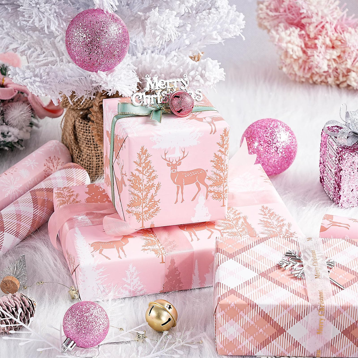 RUSPEPA Christmas Wrapping Paper Roll - Mini Roll - 3 Rolls - 43.2cm x 3m Per Roll - Bird, Christmas Garland, Holly and Pinecones Holiday Design with Metallic Foil Shine