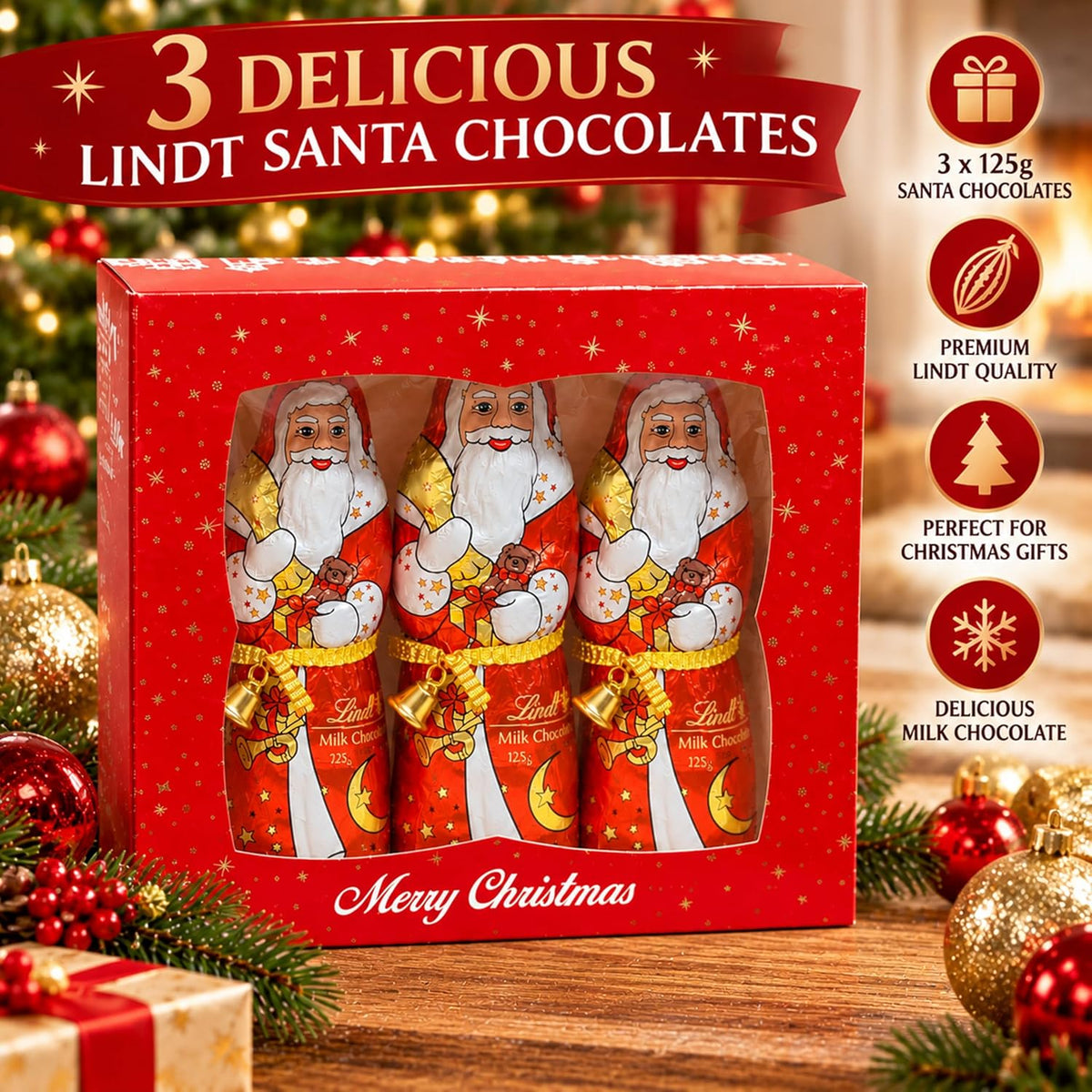 Santa Lindt Chocolates Gift Box for Stocking Fillers - Festive 3 x 125g Santa Claus Chocolate Figures with Gold Bells, Christmas Chocolate. Great Christmas Gift for Kids