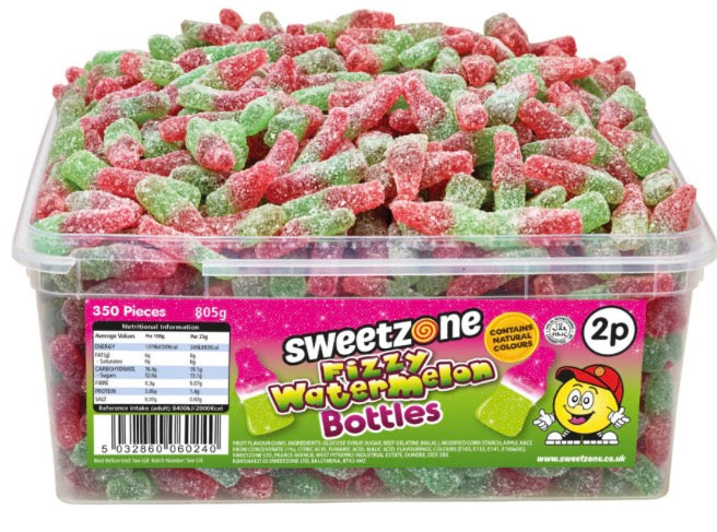 Watermelon Bottles 800g TUB - 1H051) Halal Sweets Cola Bottles, Sour Suckers, Twin Cherries 800g Tubs HMC Certified