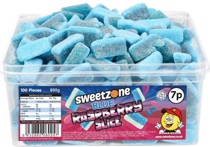 (Blue Raspberry Slices 800g TUB - 1H006) Halal Sweets Cola Bottles, Sour Suckers, Twin Cherries 800g Tubs HMC Certified