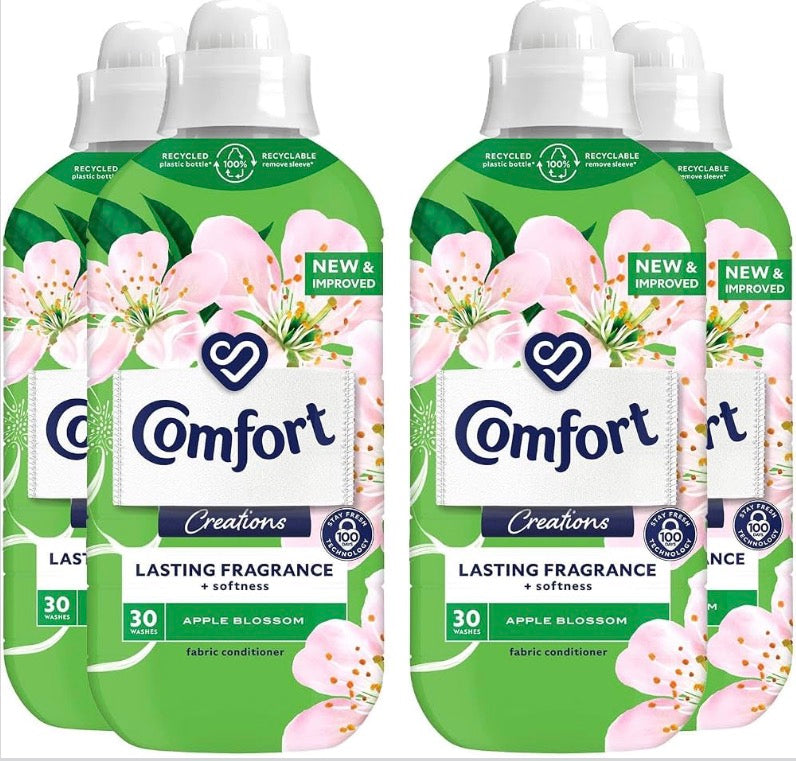 Comfort Creation Concentrated Fabric Conditioner with 100 Days of Long Lasting Fragrance and Softness Intense Liquid Fabric Softener 30 Washes, 900 ml (Apple Blossom, Buy 4