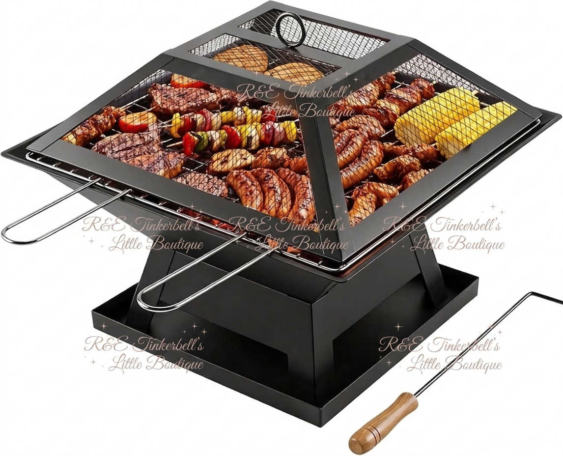 Square Fire Pit with BBQ Grill, Metal Fire Pit BBQ with Mesh Lid & Poker, Outdoor Garden Patio Heater Firepit, Sturdy and Durable Iron Construction - Great for Camping, Picnics or the Garden