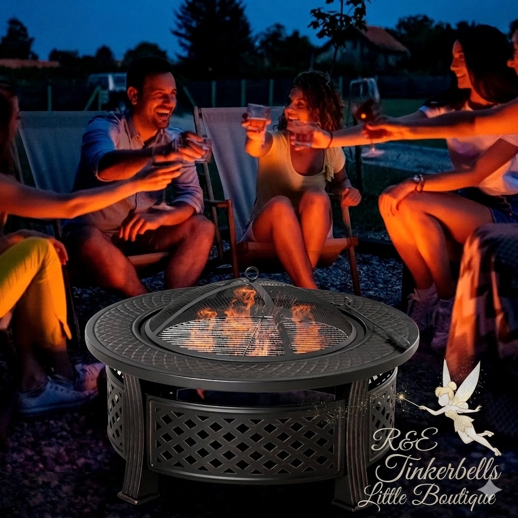Outsunny 81 x 81 x 50 cm Outdoor Fire Pit, Round Firepit with Grill Net, Mesh Lid, Poker, for Garden, Camping, Bonfire, Picnic, Bronze Tone
