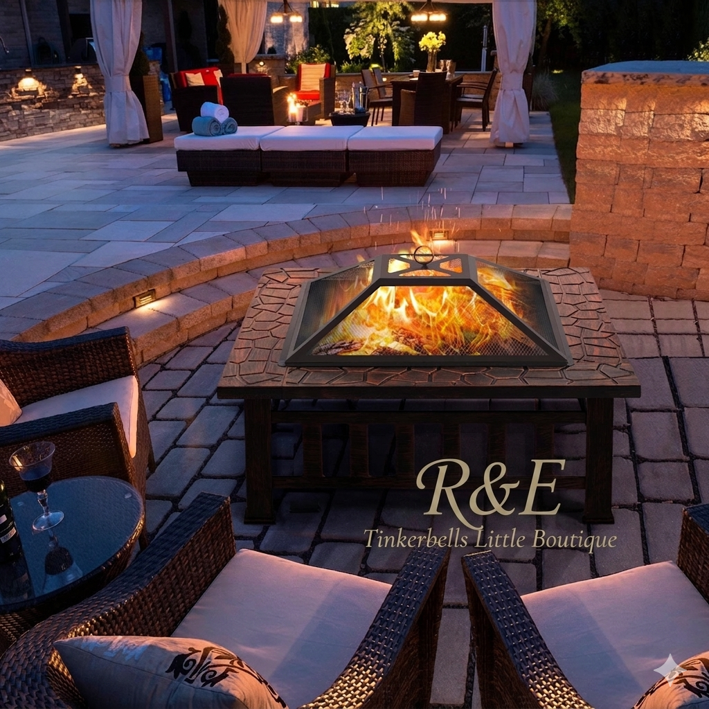 Yaheetech Outdoor Fire Pit 81cm Square Fire pits 3-in-1 Heat-resistant Metal Garden Stove for Barbecue, Heating, Cooling Drinks with Cover & Poker, Black