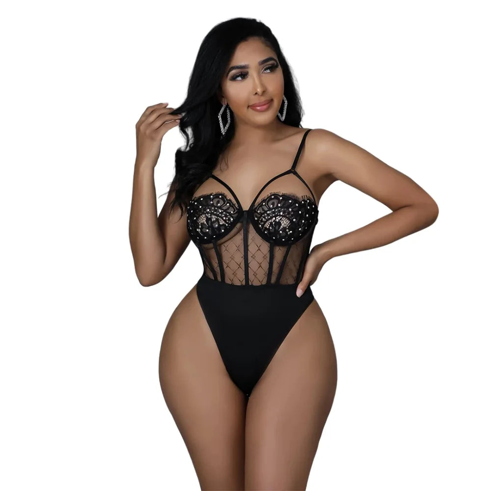 Women's Dress Suit Sexy Lace Two Piece Set Bodysuits With Skirt Elegant Solid V Neck Official Lady Sets New Outfit Party Dresses
