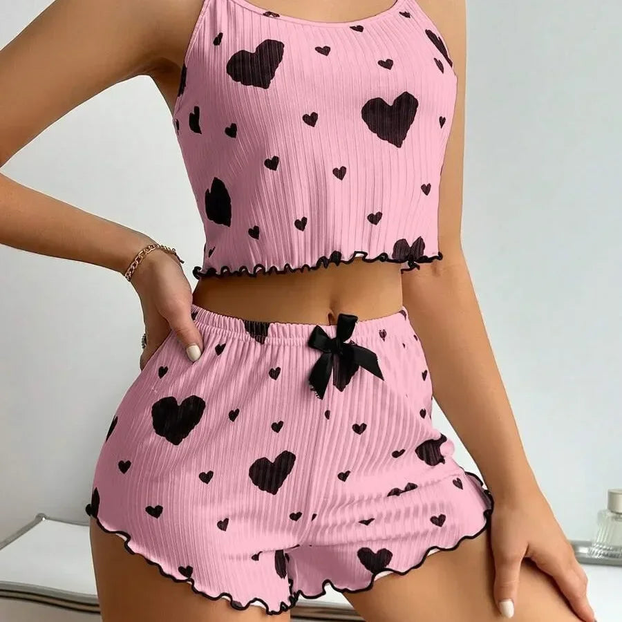 Women's Pajamas Set Summer Sleepwear 2 PCS Short Tank Tops and Shorts Sets Valentine's Day Gift Casual Love Printing Lounge