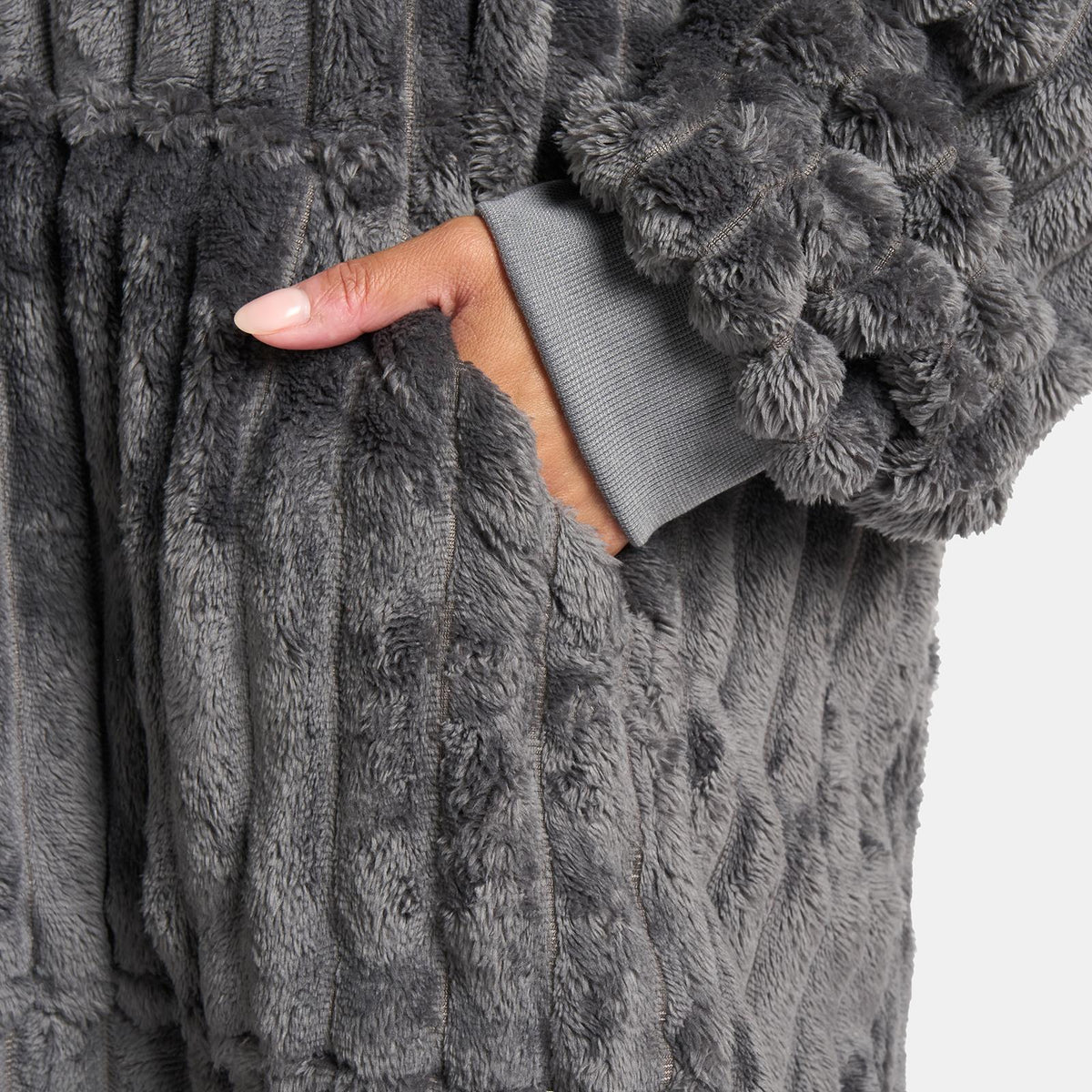 OHS Ribbed Flannel Hooded Blanket Fleece Wearable Throw Warm Oversized Hoodie