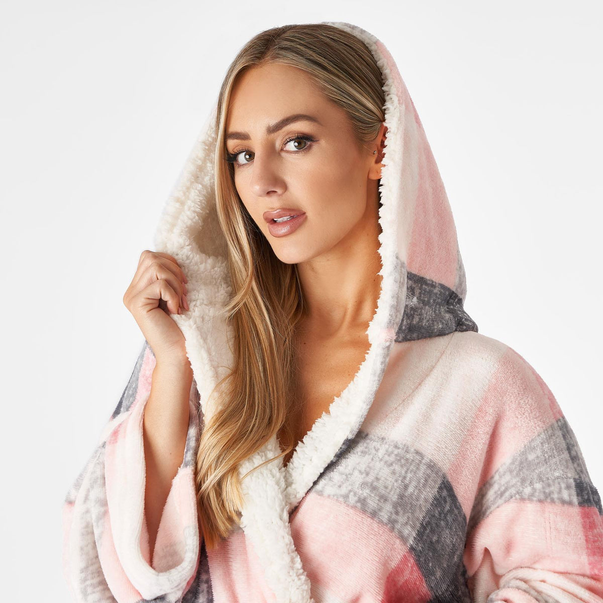 Dreamscene Check Hooded Dressing Gown Soft Flannel Fleece Unisex Sherpa Bathrobe