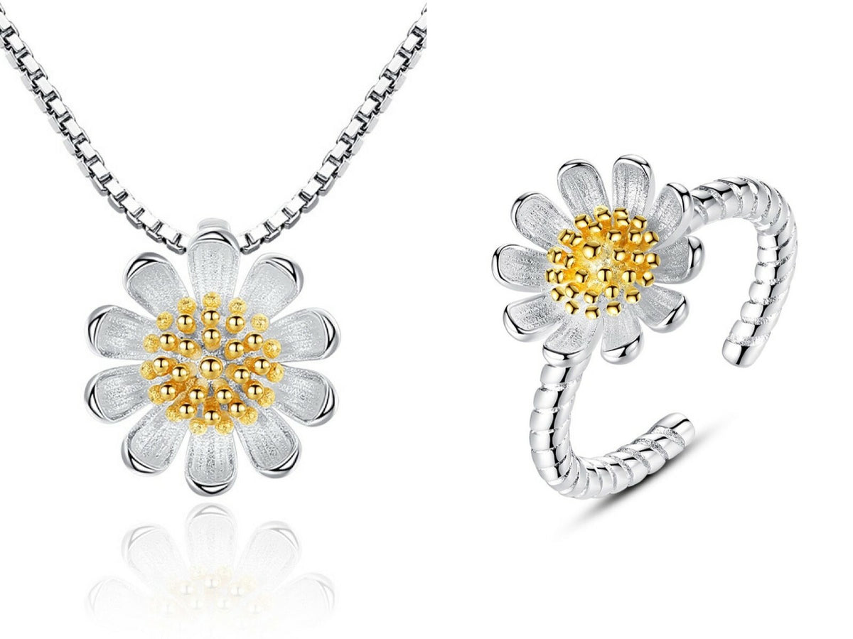 Women Sun Flower Pendant Necklace Stud Earrings Ring 925 Sterling Silver