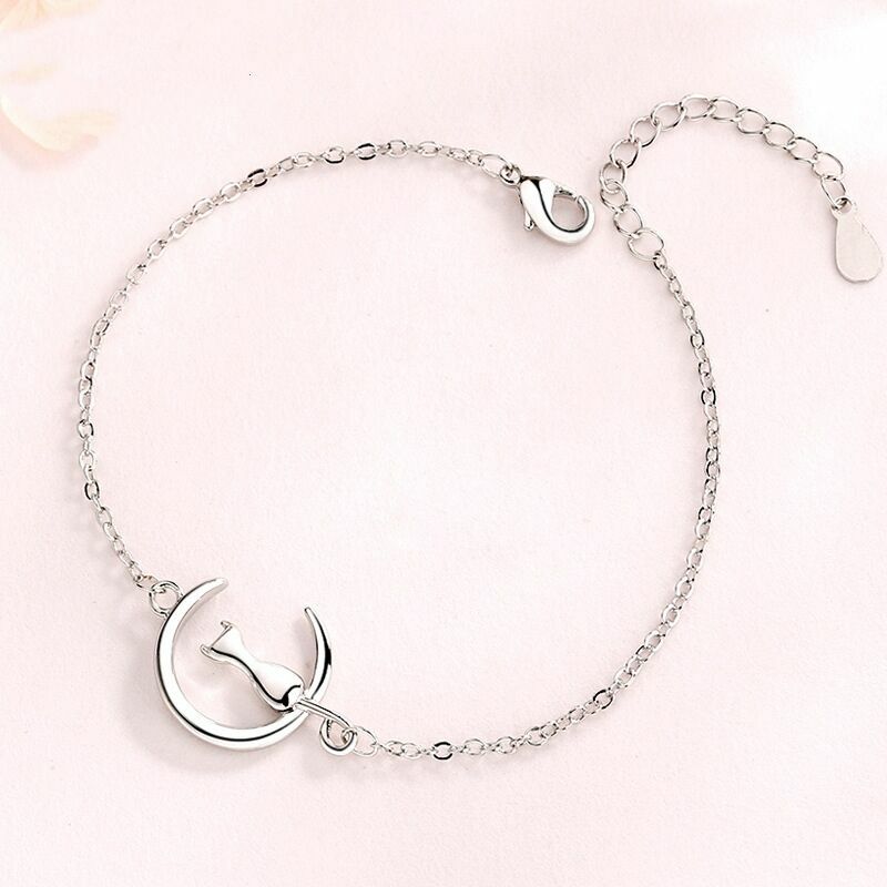 Women Girls Cute Moon Cat Charm Bracelet 925 Sterling Silver Jewellery Gift UK