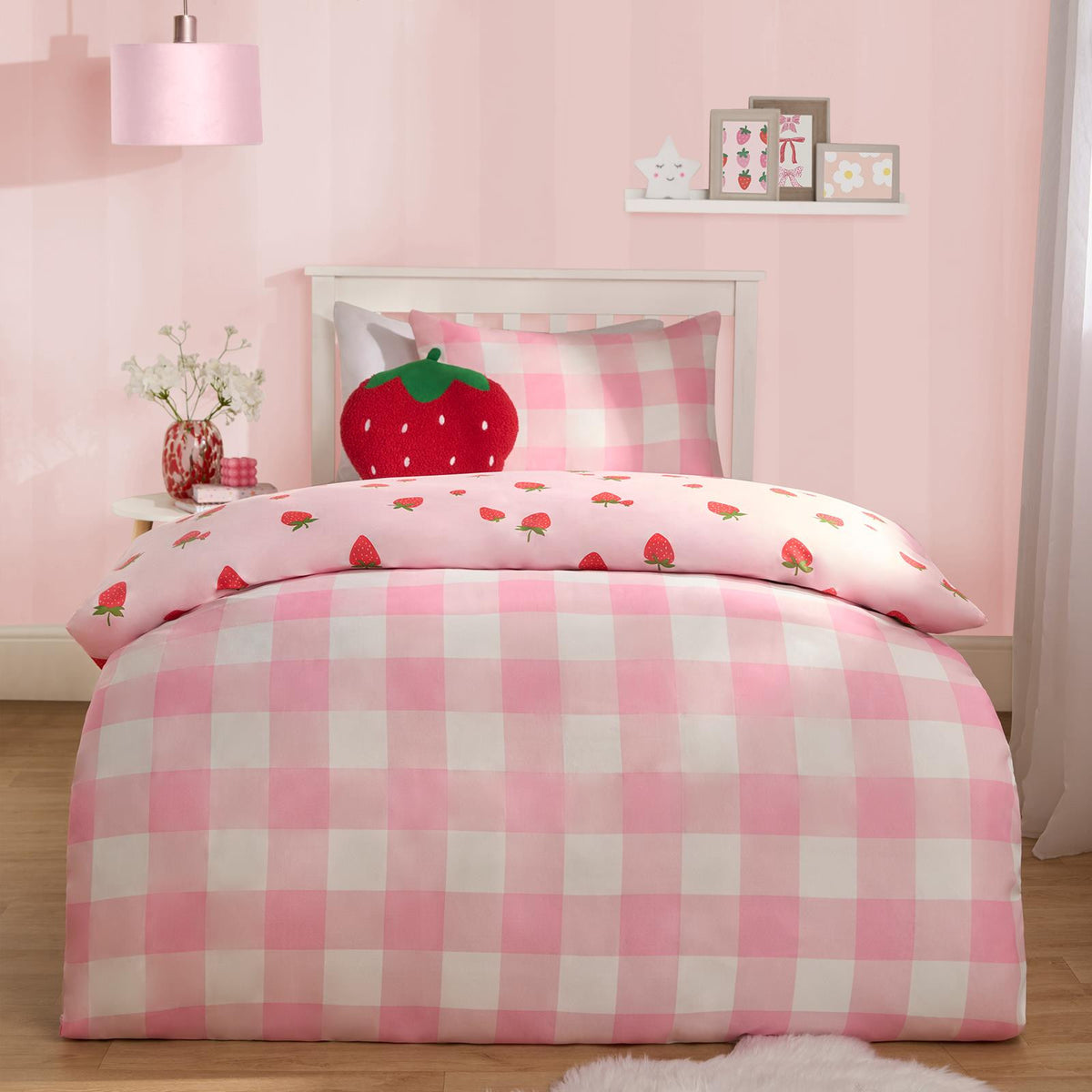 Strawberry Duvet Cover Quilt Set Pillowcase Bed Reversible Check Gingham Bedding