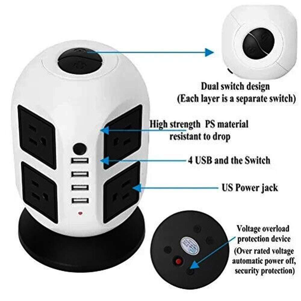 8/10 Way Tower Power Extension Lead 3M With 4 USB Ports UK Plug Surge Protected