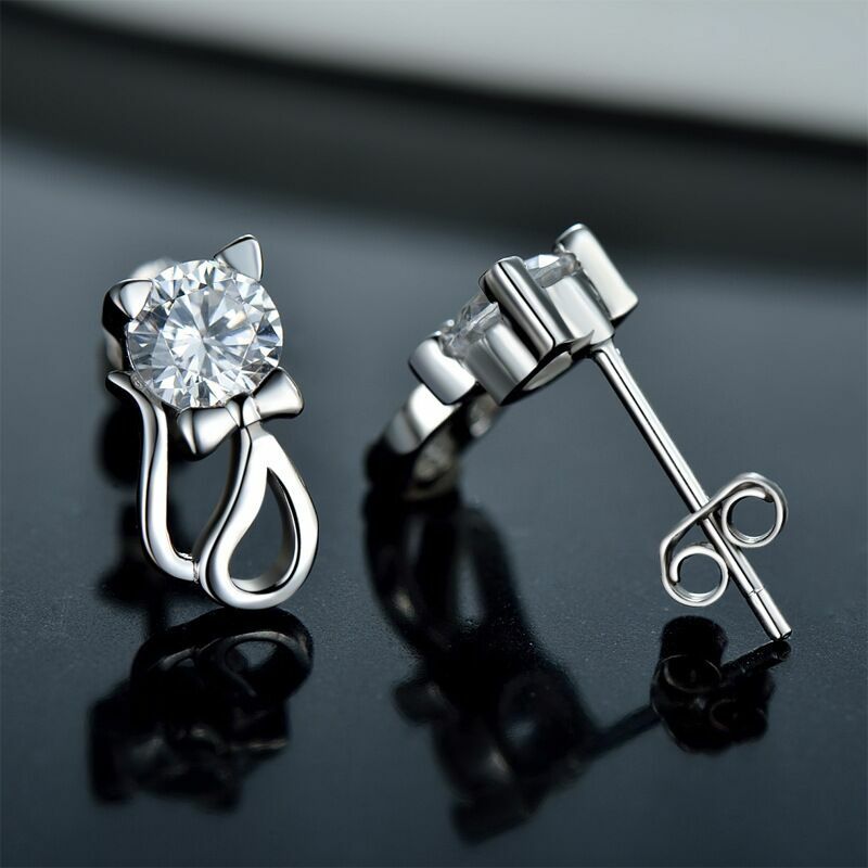 Womens Girls 925 Sterling Silver Cute Crystal Cat Stud Earrings Jewellery Gift