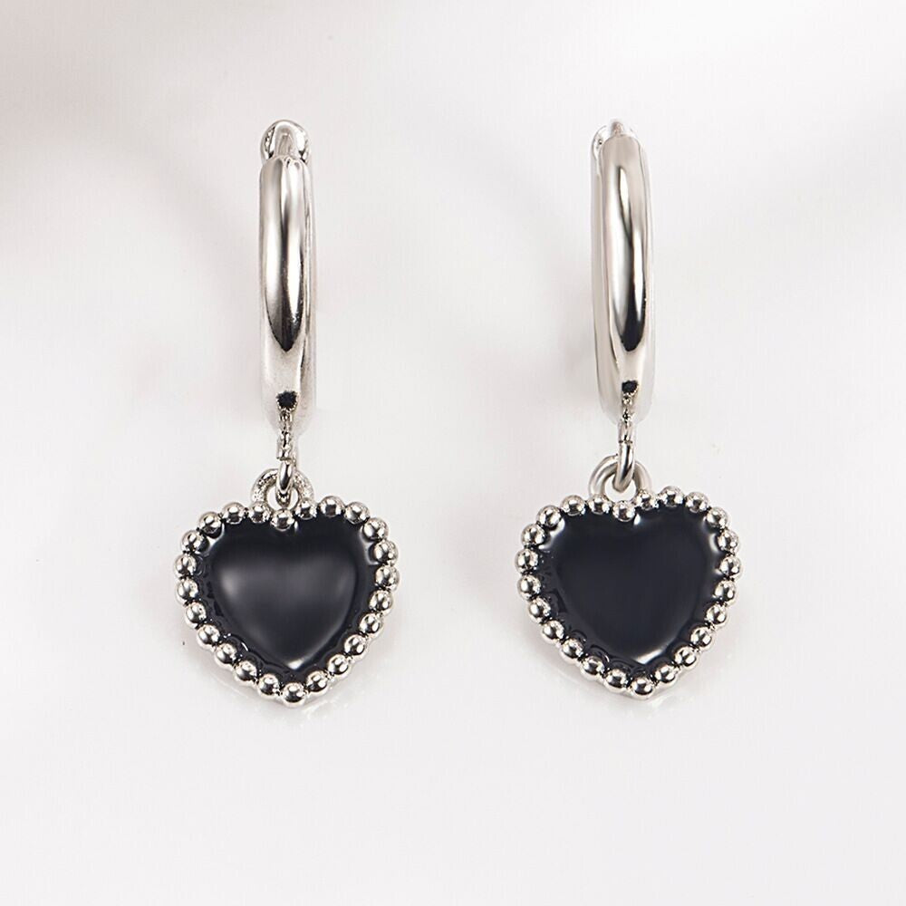 925 Sterling Silver Black Heart Hoop Earrings Women Girls Jewellery Gift