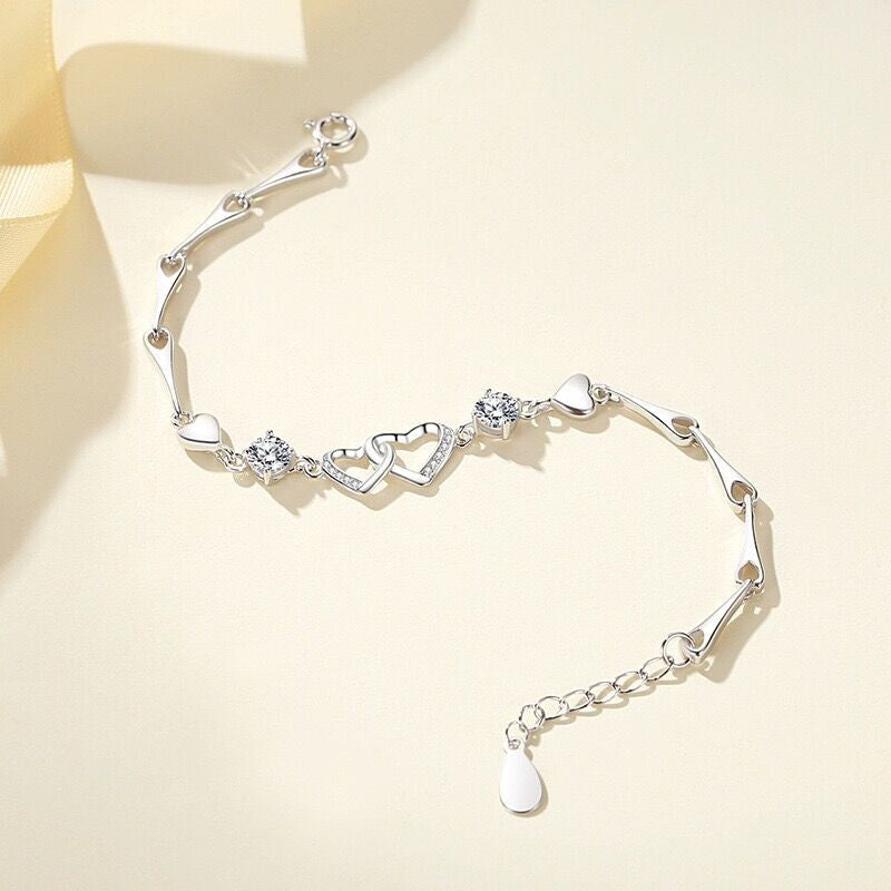 925 Sterling Silver Crystal Double Heart Linked Charm Bracelet Women Jewellery