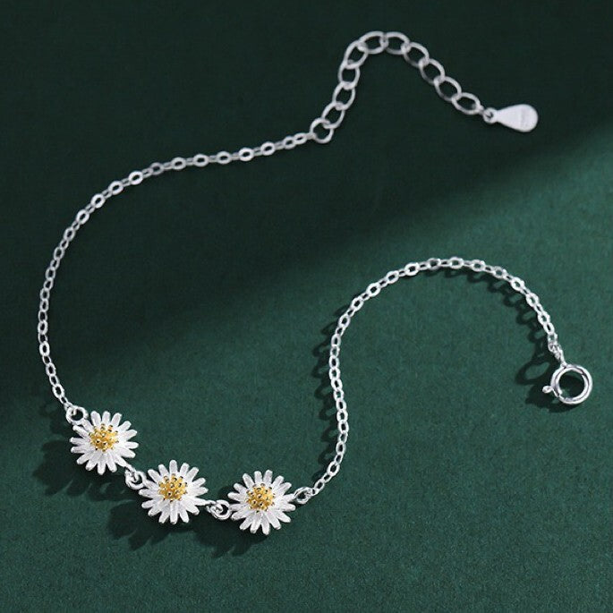 925 Sterling Silver Beautiful Flower Linked Charm Bracelet Women Girls Jewellery