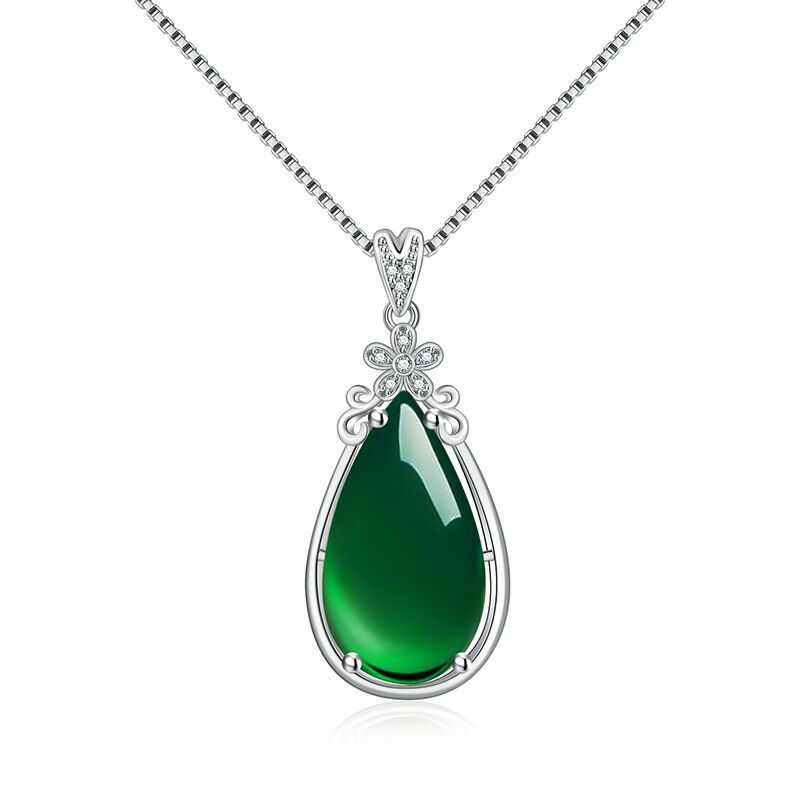 925 Sterling Silver Crystal Flower Jade Pendant Necklace Women Jewellery Gift UK