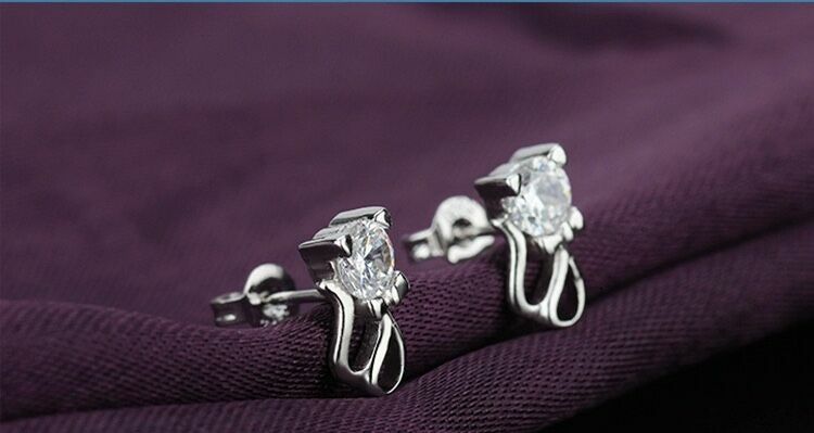 Womens Girls 925 Sterling Silver Cute Crystal Cat Stud Earrings Jewellery Gift