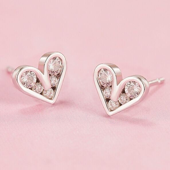 Womens Girls 925 Sterling Silver Crystal Heart Stud Earrings Jewellery Gift UK