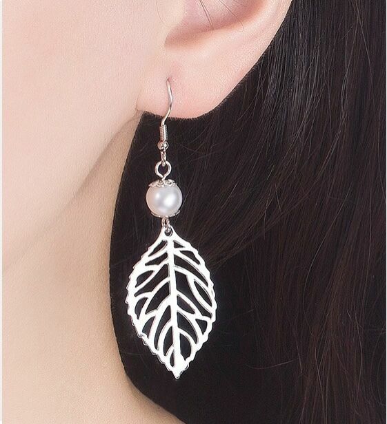 Women Girls Pearl Leaf Drop Hook Earrings 925 Sterling Silver Jewellery Gift UK