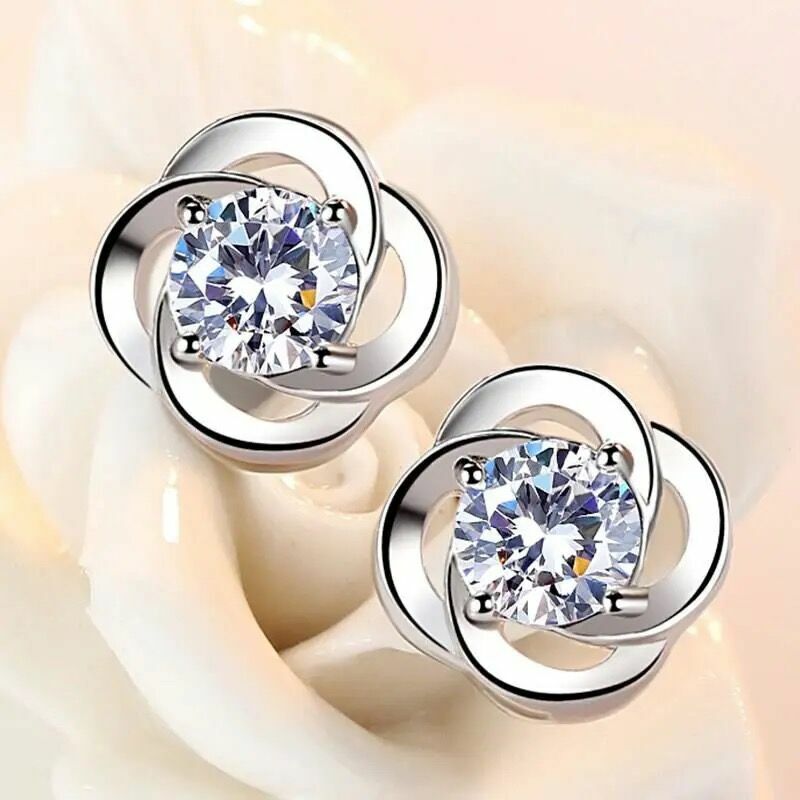 Women Girls Crystal Stone Clover Stud Earrings 925 Sterling Silver Jewellery UK