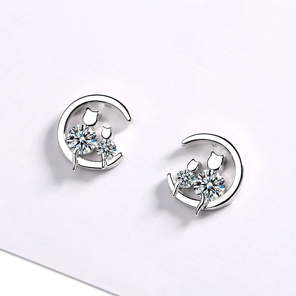 Womens Girls Crystal Moon Cats Stud Earrings 925 Sterling Silver Jewellery Gift
