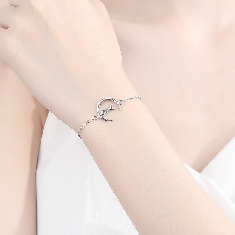 Women Girls Cute Moon Cat Charm Bracelet 925 Sterling Silver Jewellery Gift UK