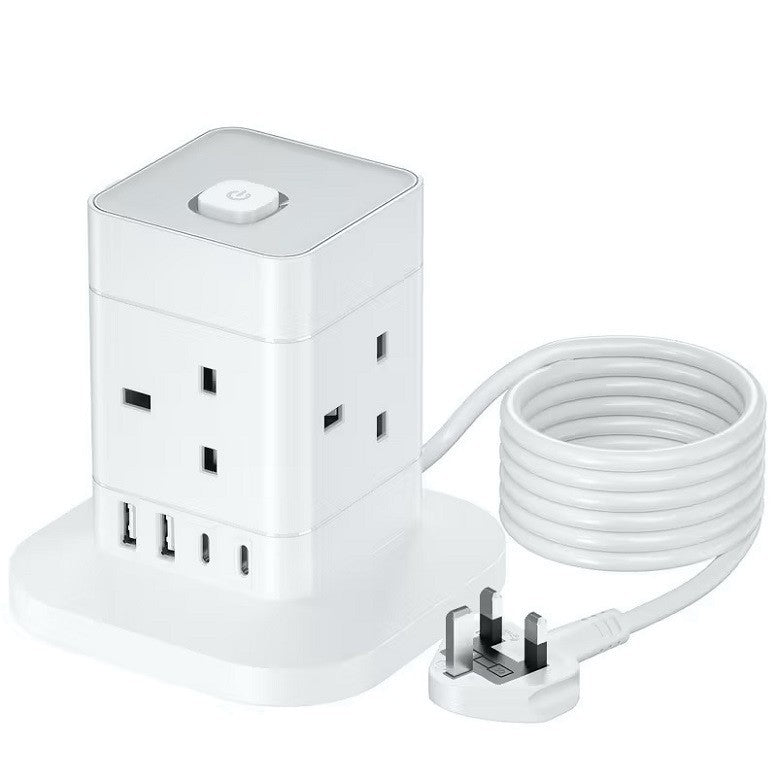 4 WAY TOWER EXTENSION LEAD WITH USB SLOT SURGE PROTECTION POWER STRIP 1.5m UK