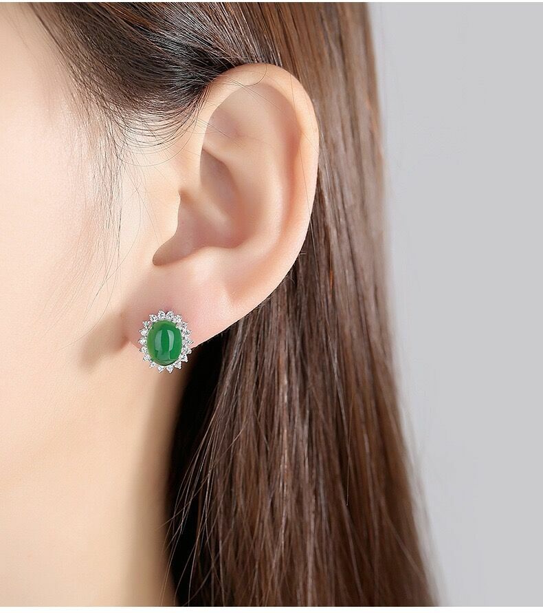 925 Sterling Silver Crystal Green Jade Stud Earrings Jewellery Women Gift