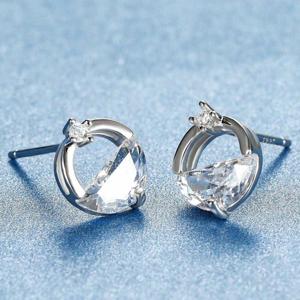 Women 925 Sterling Silver Crystal Circle Lake Stud Earrings Jewellery Gift