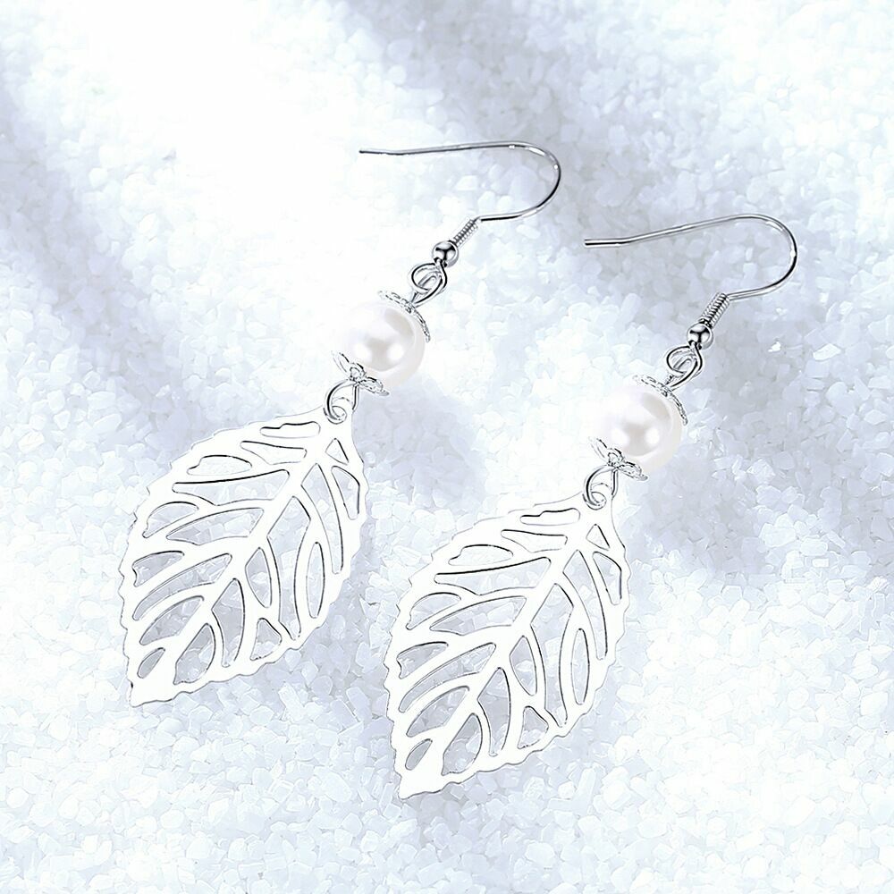 Women Girls Pearl Leaf Drop Hook Earrings 925 Sterling Silver Jewellery Gift UK