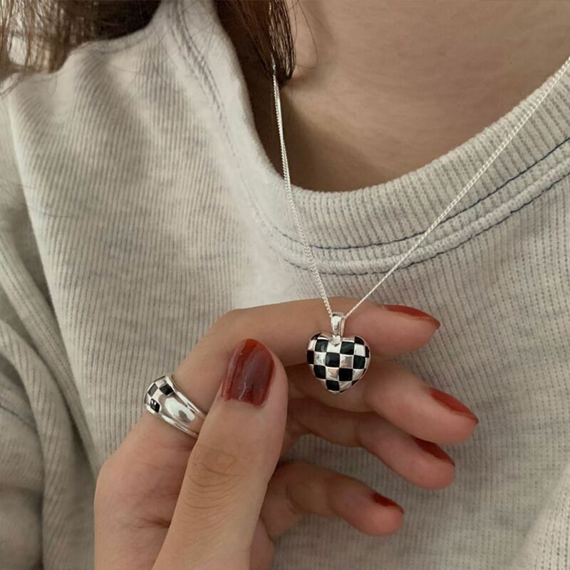 925 Sterling Silver Checkerboard Heart Pendant Necklace Women Jewellery Gift UK