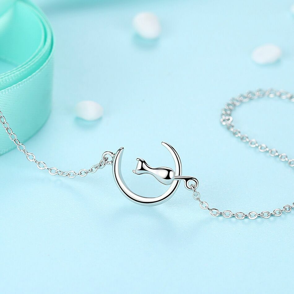Women Girls Cute Moon Cat Charm Bracelet 925 Sterling Silver Jewellery Gift UK