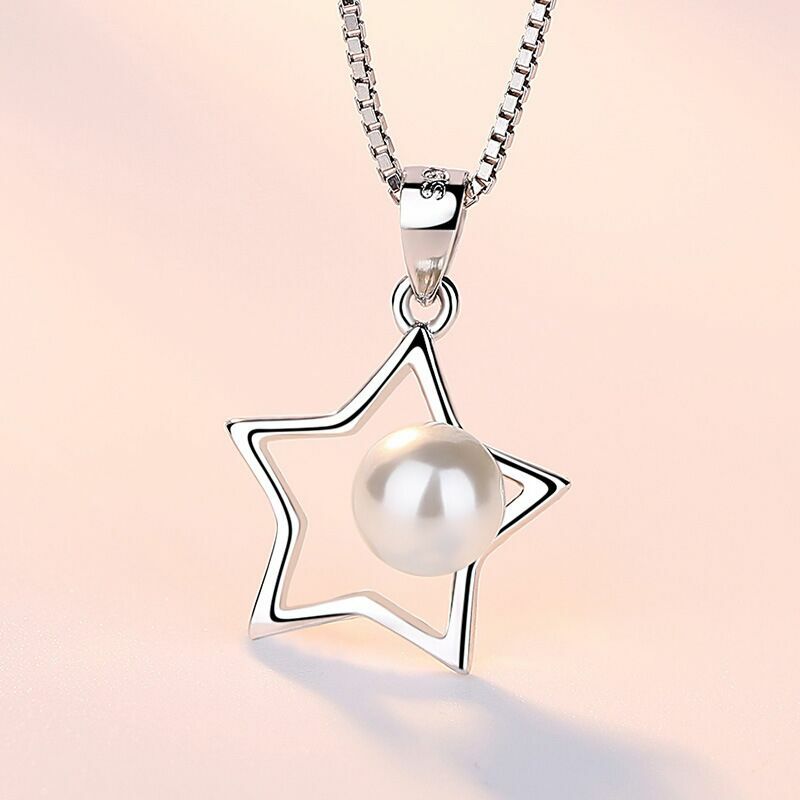 Women Girls Pearl Star Pendant Chain Necklace 925 Sterling Silver Jewellery Gift