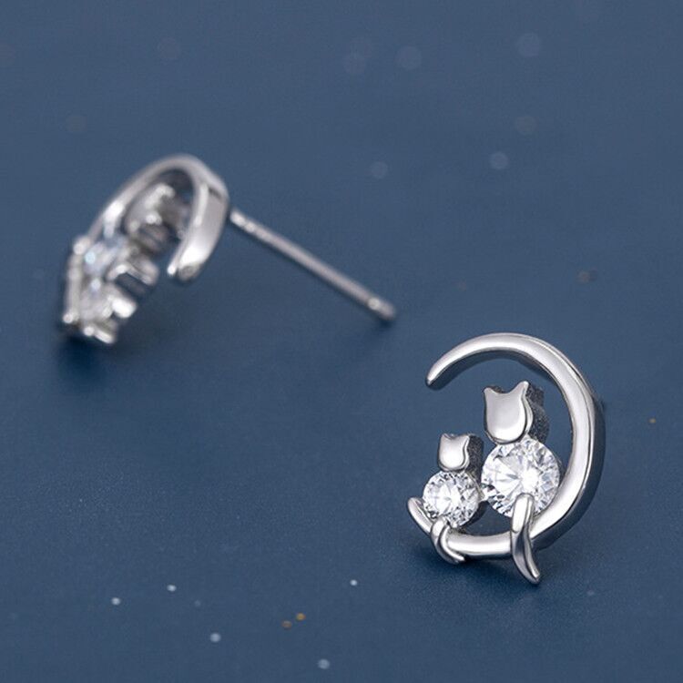 Womens Girls Crystal Moon Cats Stud Earrings 925 Sterling Silver Jewellery Gift