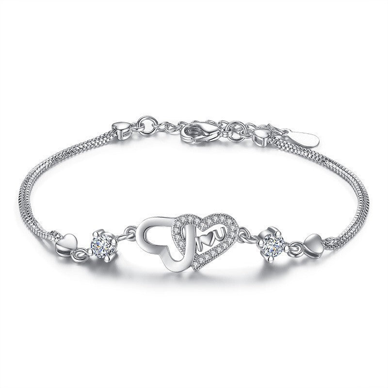 925 Sterling Silver Crystal Double Heart Linked Charm Bracelet Women Jewellery