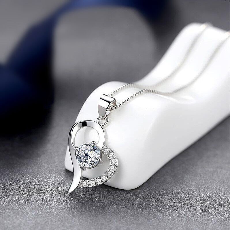 Women Crystal Heart Pendant Chain Necklace 925 Sterling Silver Jewellery Gift UK