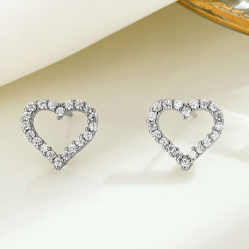 Womens Girls 925 Sterling Silver Crystal Heart Stud Earrings Jewellery Gift UK