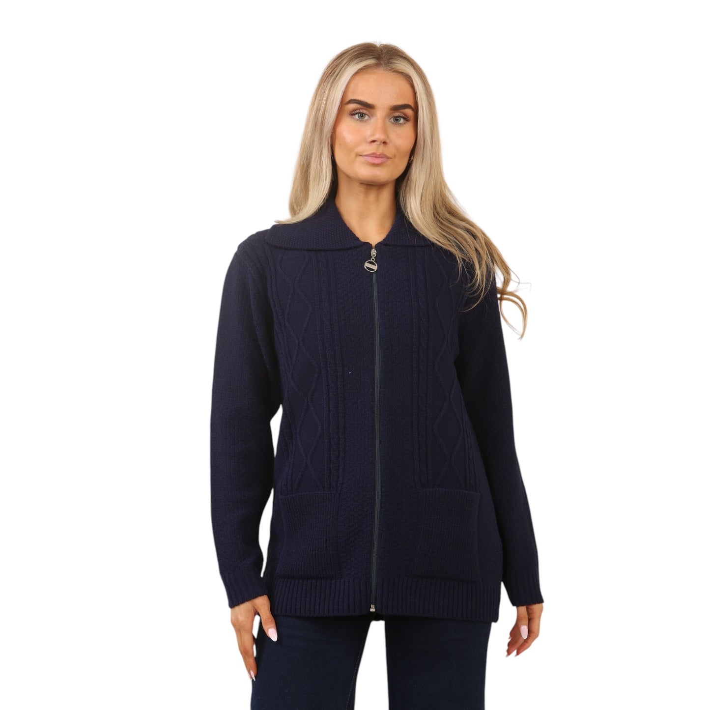 WOMENS ZIP UP CARDIGAN LADIES DIAMOND CABLE KNIT LONG SLEEVES SWEATER TOP JUMPER