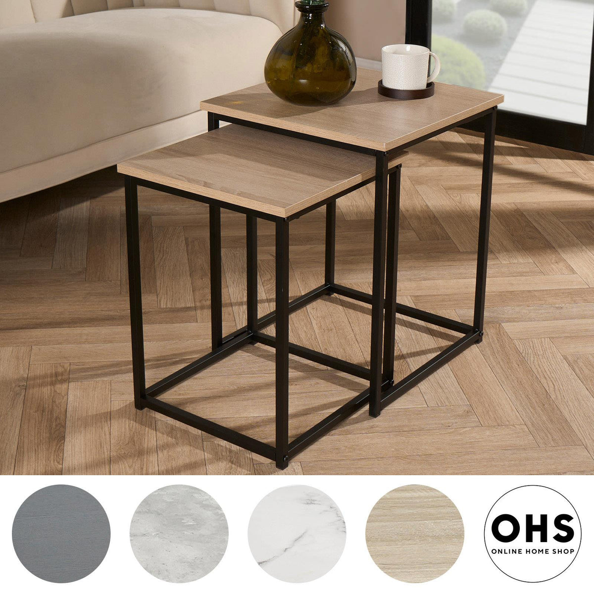 Nest of Tables Square Wood Top Modern End Side Living Room Home Decor Set of 2