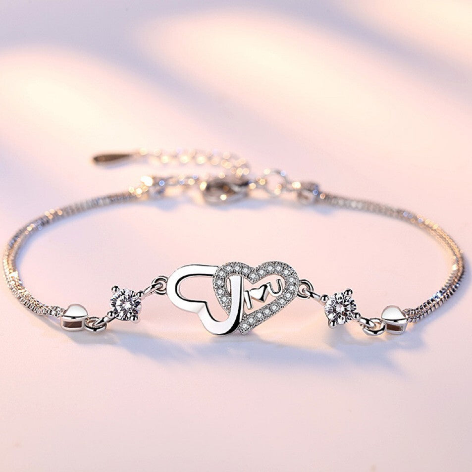 925 Sterling Silver Crystal Double Heart Linked Charm Bracelet Women Jewellery