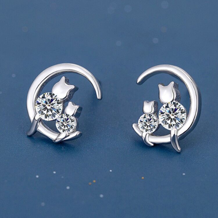 Womens Girls Crystal Moon Cats Stud Earrings 925 Sterling Silver Jewellery Gift