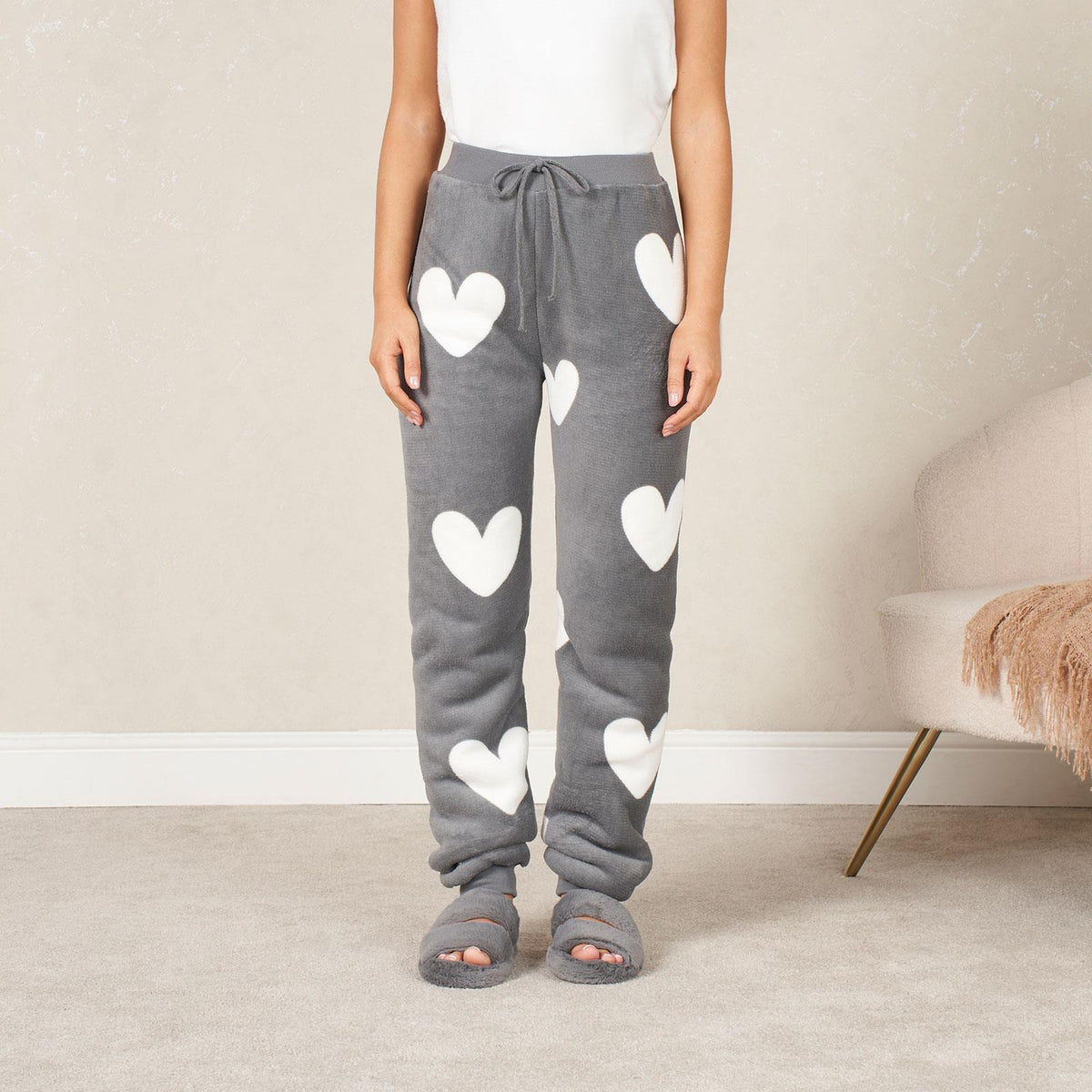 Ladies Fleece Pyjama Set Soft Sherpa Womens PJ Heart Lounge Pants Warm Nightwear